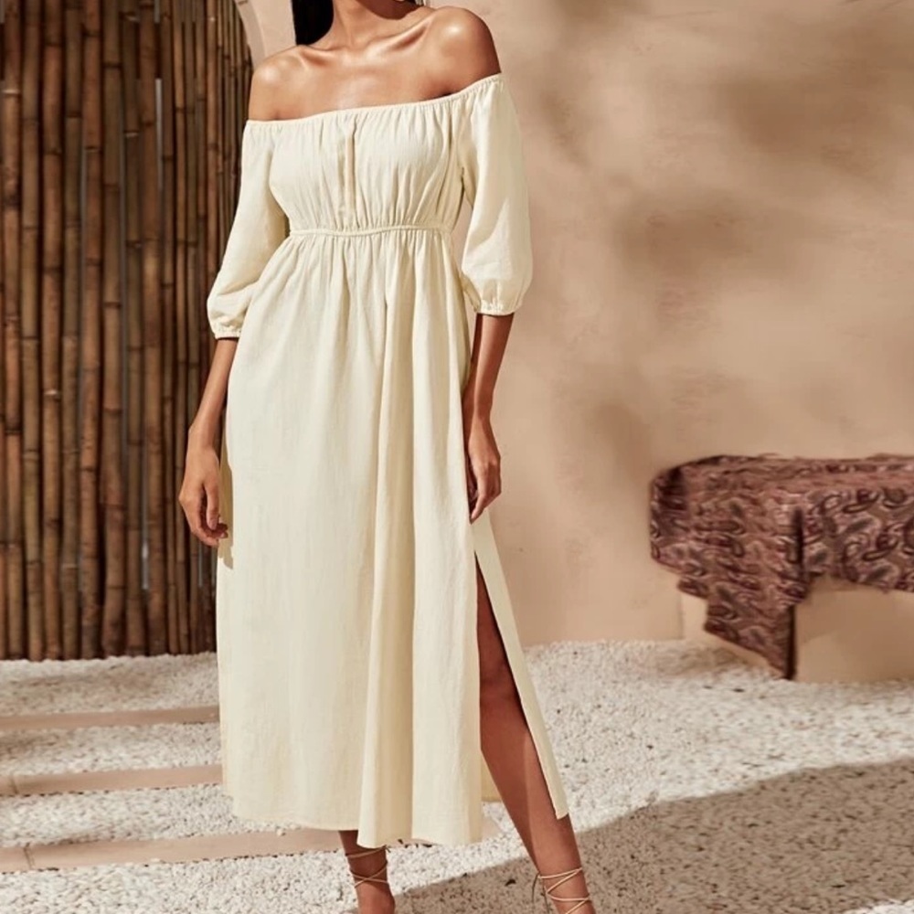 BOUTIQUE split thigh off shoulder Bardot dress